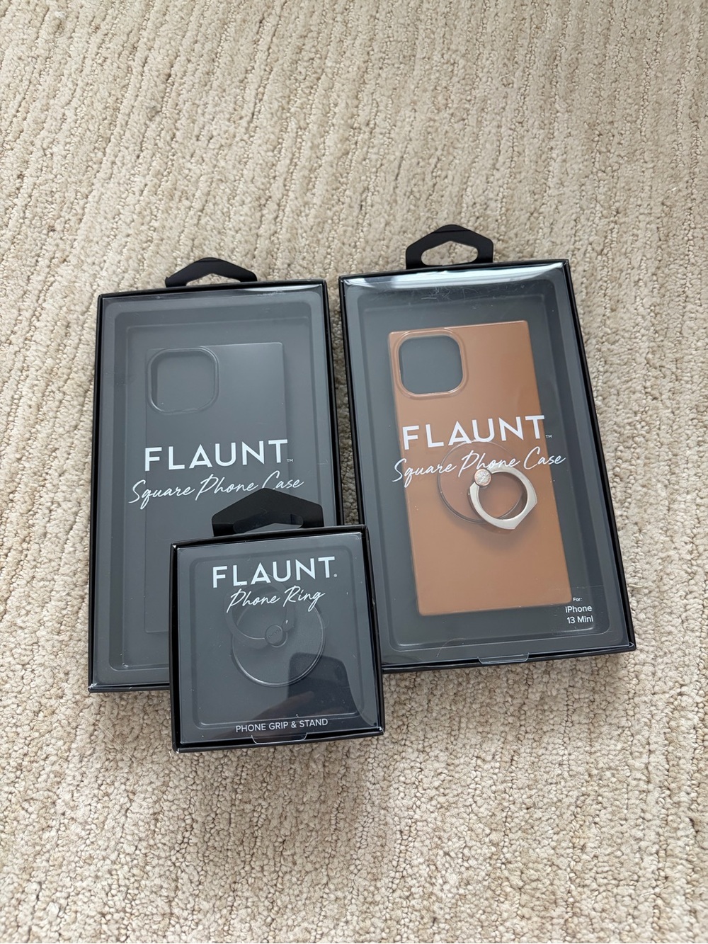 Flaunt Square Phone Case & Phone Ring Bundle - Caramel & Black IPhone 13 mini